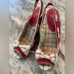 COACH 8 Fuchsia pink bow plaid wedge heels sandals LN